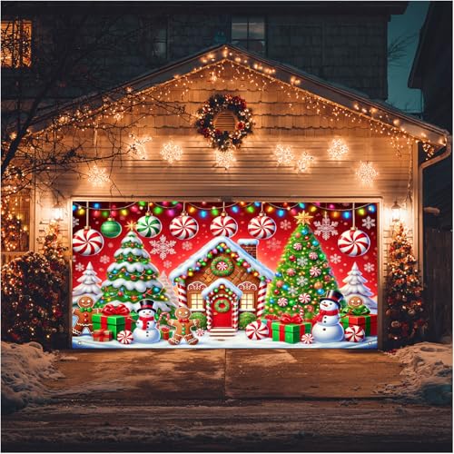 HOMETITUTE Christmas Garage Door Banner Gingerbread House 13x6ft Festive Backdrop Candy Canes Snowmen Photo Prop Background for Sweet Holiday Outdoor Display Festive Party Supplies