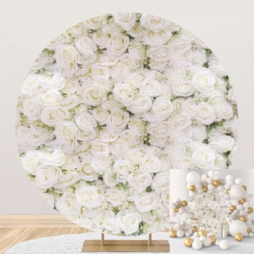 5x5ft White Floral Wall Wedding Round Backdrop Cover Greenery Girls Birthday Bridal Shower Party Circle Backdrop Cover Flowers Leaves Miss to Mrs Photography Background Props - color: White, size: 5x5ft-Diameter