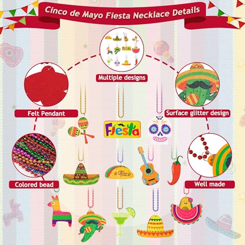 Cinco de Mayo Party Favors, 12PCS Fiesta Necklace Bead Favors, Mexican Metallic 12 Kinds of Cinco de Mayo Necklace Decorations, Fiesta Cactus Maracas Accessories for Mexican Carnival Party Supplies