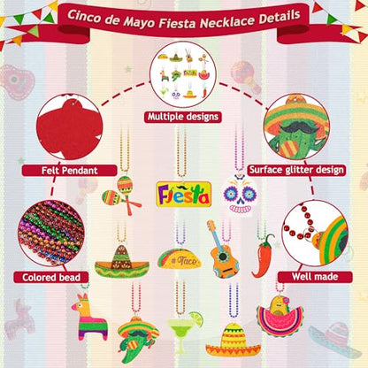 Cinco de Mayo Party Favors, 12PCS Fiesta Necklace Bead Favors, Mexican Metallic 12 Kinds of Cinco de Mayo Necklace Decorations, Fiesta Cactus Maracas Accessories for Mexican Carnival Party Supplies