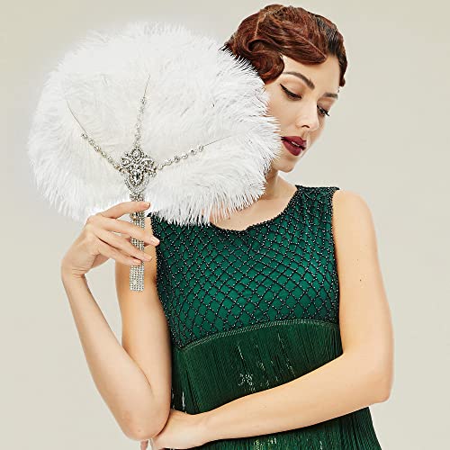 BABEYOND Vintage Bridal Feather Bouquet 1920s Ostrich Feather Fan Crystal Bridesmaid Bouquet 20s Gatsby Wedding Bouquet Flapper Accessories (White & Crystal Handle) - color: White & Crystal Handle