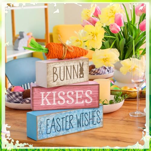 Moucuny 4 Pcs Easter Table Decoration Wooden Block Carrot Decor Easter Tiered Tray Decoration Cute Bunny Centerpiece Rustic Carrot Sign Gift for Holy Week Kitchen, Party, Entryway Fireplace Decor - style: Easter