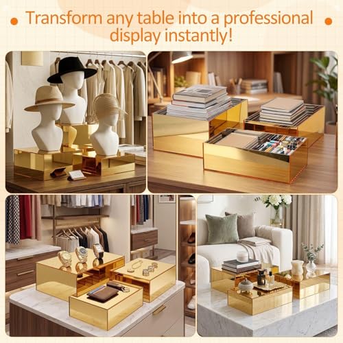 3 Pack Extra Large Acrylic Risers - 15”, 14”, 13” Gold Display Stands with Hollow Bottoms, Cube Buffet Riser Boxes Nesting for Dessert Food Catering Buffet Display Party Supplies - color: Gold, size: 15”,14”,13”