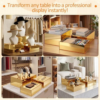 3 Pack Extra Large Acrylic Risers - 15”, 14”, 13” Gold Display Stands with Hollow Bottoms, Cube Buffet Riser Boxes Nesting for Dessert Food Catering Buffet Display Party Supplies - color: Gold, size: 15”,14”,13”