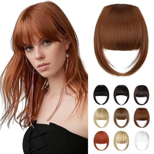 Bangs Hair Clip in Bangs, French Light Auburn Fake Bangs Hair Clip on Bangs for Women Fringe with Temples Hairpieces Faux Bangs for Daily Wear - color: Light Auburn