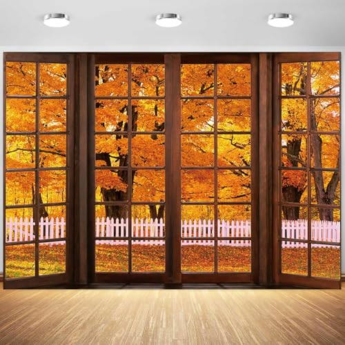 5x3ft Fall Backdrop Autumn Scenery Window Photography Background Tree Fall Leaves View Decorations Portraits Supplies Wallpaper Photo Studio Props - color: Brown, size: 5x3ft