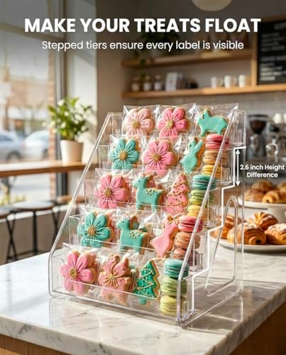 HOTCAN Cookie Display Stand for Bakers, Vendors, Market Booth, Craft Fair, Events | Acrylic Pastry Display Case for Cupcakes, Muffins, Donuts | 5 Tiered Cookie Bakery Rack with Full Angle Visibility