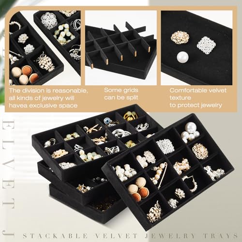Junkin 12 Pcs Jewelry Tray Velvet Stackable Jewelry Organizer Trays Divided Earring Accessories Storage Containers Box (Rose Red) - color: Black