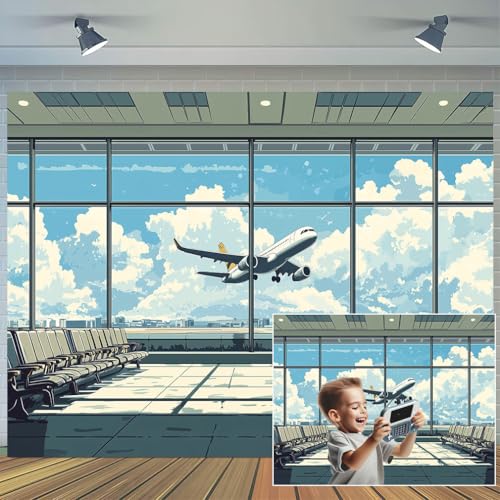 Cartoon Airport Airplane Photography Backdrop, Plane in Departure Area Airport Lounge Terminal Window View Background, Plane Themed Birthday Party Decoration Photoshoot Booth Studio Props 12X10ft - color: Multi2, size: 12X10ft