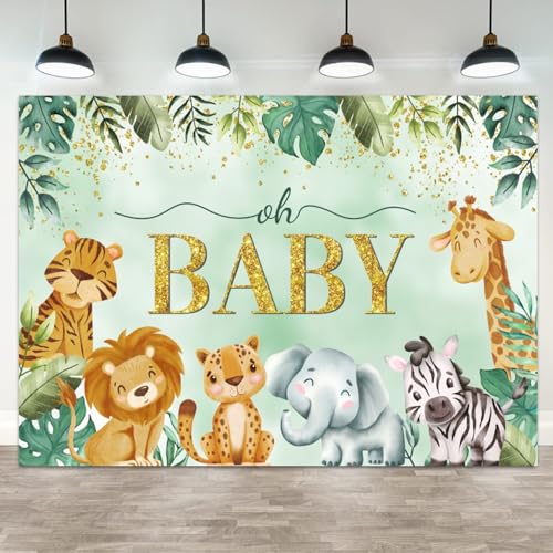 5x3ft Oh Baby Safari Animals Backdrop Jungle Themed Baby Shower Party Decoration Lion Tiger Giraffe Elephant Photography Background for Gender Reveal Neutral Kids Birthday Party Supplies - color: Color 5, size: 5x3ft
