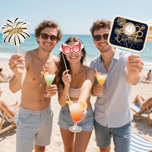20 Pcs 2026 Happy New Year Photo Booth Props Kit, New Year Themed Party Selfie Decorations, Winter Festival Christmas Party Photography Supplies