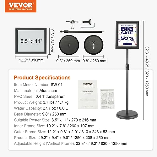 VEVOR Pedestal Sign Holder, 8.5 x 11 Inch Vertical and Horizontal Adjustable Poster Stand, Heavy-Duty Floor Standing Sign Holder with Round Base for Display, Advertisement, and Outdoor, Black - size: 8.5 x 11 Inch