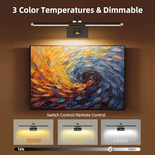 24“ Picture Lights for Wall, 8000mAh Rechargeable Wireless Picture Light with Remote, LED Wall Lights 3000K/4000K/6000K Dimmable, Art Lighting for Paintings Frame Gallery Dartboard, Black Gold - color: Black Gold, size: 24 inch