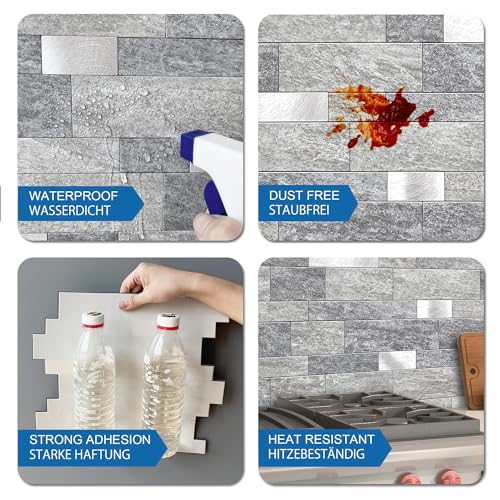 MOFIT Backsplash Tile for Kitchen Peel and Stick Stone Matte Finish,Bathroom Tiles Stickers 3D Wall Panel Linear Mosaic Marble Backsplash Waterproof(10sheets,Gray Silver) - color: Gray Silver, size: 10sheets