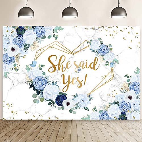MEHOFOND 10x7ft She Siad Yes Floral Backdrop for Bridal Shower Blue and White Flowers Bride to Be Photography Background Hearts Geometric Couple Wedding Party Decorations Engagement Banner Props - color: Blue, size: 10x7ft