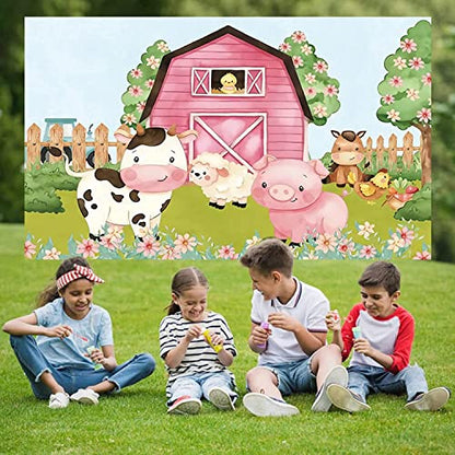 7x5ft Cartoon Farm Animals Party Backdrop Pink Barn Girl Baby Shower Birthday Photography Background Farmland Animals Cows Pigs Barnyard Backdrop Banner Cake Table Decoration Photo Booth Props - size: 7x5ft