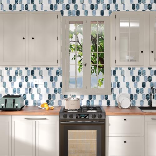 10-Sheet Backsplash Peel and Stick Tile Faux Marble 12"x12" White Blue Long Hexagon Self-Adhesive Glossy Heat Resistant Waterproof 3D Wall Panel Stick on Backsplash Kitchen Bathroom RV Fireplace - size: 12''x12''