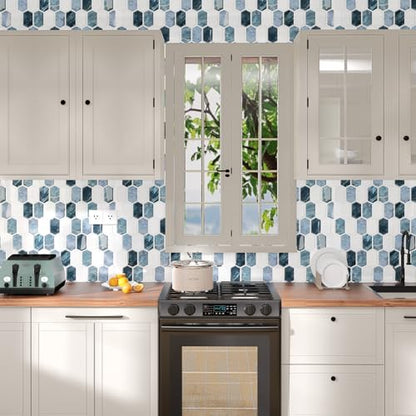 10-Sheet Backsplash Peel and Stick Tile Faux Marble 12"x12" White Blue Long Hexagon Self-Adhesive Glossy Heat Resistant Waterproof 3D Wall Panel Stick on Backsplash Kitchen Bathroom RV Fireplace - size: 12''x12''
