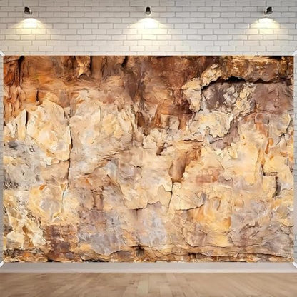 10x8FT Polyester Stone Cave Background Sand Yellow Rock Textured Photography Backdrop Supplies for Outdoor Archaeology Theme Birthday Party Banner Decoration Photo Booth Studio Props - size: 10x8FT