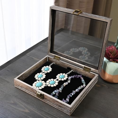 MOOCA Tempered-Glass Top Small Wooden Jewelry Display Case with Removable Black Luxurious Velvet Jewelry Display Pad, Deeper 2.2" Design for Collectibles, Coffee Color. - color: Coffee With Velvet Pad