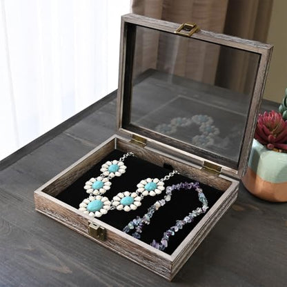 MOOCA Tempered-Glass Top Small Wooden Jewelry Display Case with Removable Black Luxurious Velvet Jewelry Display Pad, Deeper 2.2" Design for Collectibles, Coffee Color. - color: Coffee With Velvet Pad