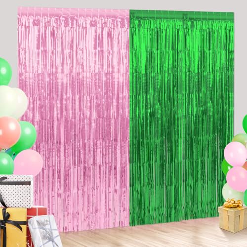 4 Pack 3.3Ft x 6.6Ft Pink and Green Foil Fringe Curtain Backdrop Decorations, Witch Metallic Tinsel Foil Streamers Curtain Photo Booth Background for Witch Wedding Birthday Party Decorations - color: Pink and Green