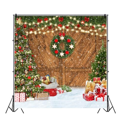 10x10ft Christmas Barn Door Backdrop for Photography Rustic Xmas Trees Wood Plank Photo Backdrop Snow Winter Holiday Backdrops Decorations for Party Supplies Photo Prop