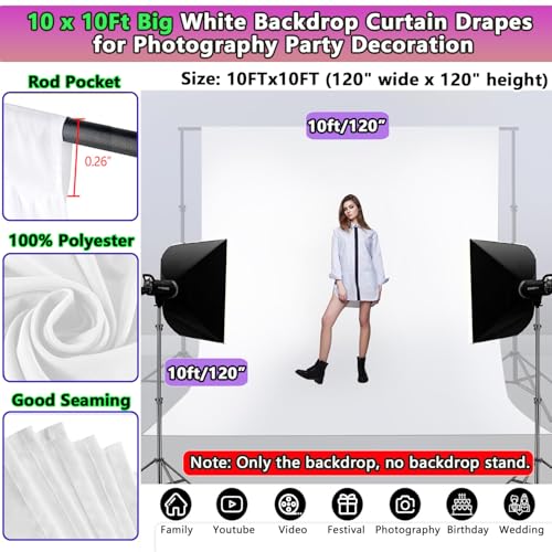 Photo Backdrop White 10 x 10ft, White Backdrop for Photoshoot, Solid White Photography Backdrop Background, Seamless Photo Backdrop Curtain for Wedding Baby Shower Picture Photobooth Portrait Backdrop - color: white backdrop, size: 10x10ft