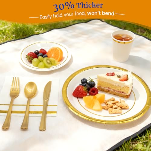 AIRE 175PCS White Gold Paper Plates Party Supplies Dinnerware Sets for 25 Guests, Disposable Paper Party Plates, Cups and Napkins, Gold Plastic Forks Knives Spoons for Wedding Birthday BBQ Parties - color: 175pcs White Gold
