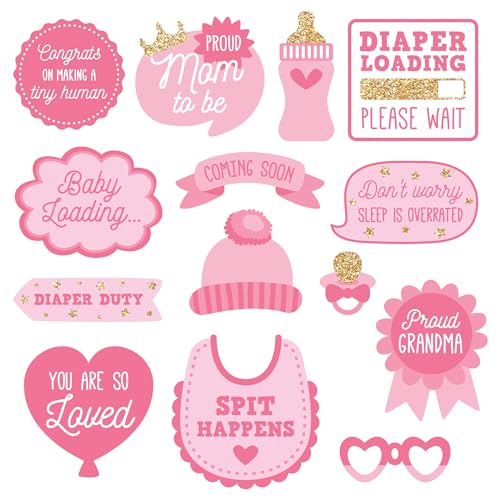 Fully Assembled Baby Shower Photo Booth Props - Set of 30 - Girl Baby Shower Selfie Signs - Pink Party Supplies & Decorations - with Real Gold Glitter - Did We Mention No DIY