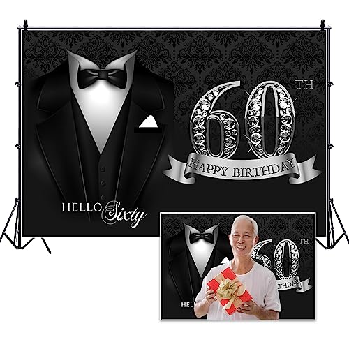 5x3ft Men 60th Birthday Backdrop Black Necktie Suit Tuxedo Hello Sixty Photography Background Luxury Silver Diamonds Men Father 60th Happy Birthday Party Supplies Portrait Photo Shoot Props - color: black silver 60, size: 5x3ft