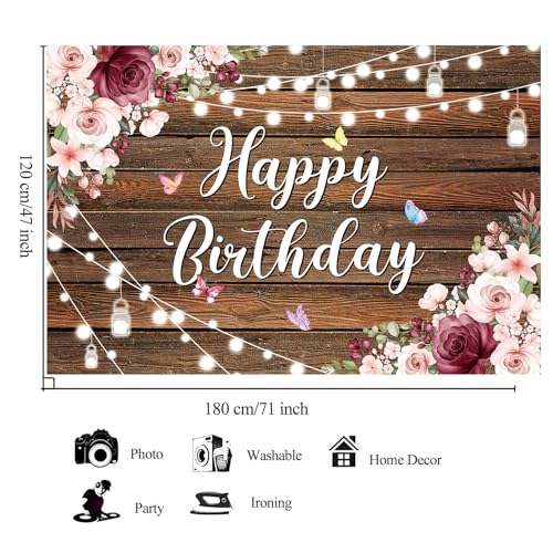180x120 cm Rustic Wood Flower Birthday Backdrops Photo Cloth 71x47 inch Happy Bday Photography Backgrounds Wooden Floral Butterfly Happy Birthday Sign Banner Decoration for Women Girl - color: Wood