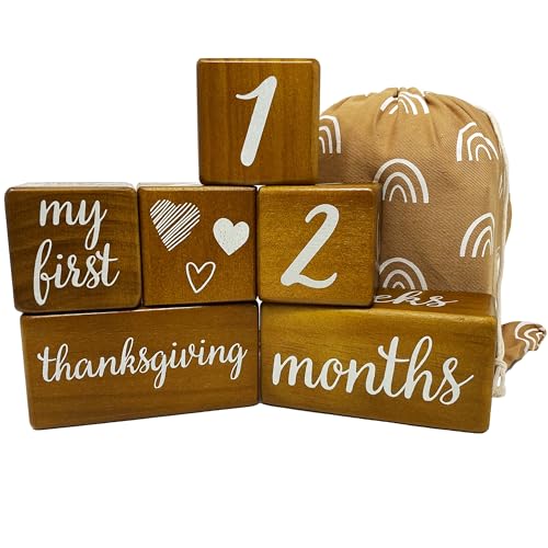 Pondering Pine Baby Milestone Blocks - Natural Brown Stain Pine Wood with Weeks Months Years Grade and Holidays, Newborn Weekly Monthly First Year Picture Props, 6 Block Milestones Age Set with Bag - color: Brown, size: 6 Piece