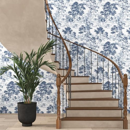 Extra Long Navy Toile Tree Peel and Stick Wallpaper, 17.5In x 393In Toile de Jouy Navy White Design Self-Adhesive Waterproof Wall Paper for Bedroom Kitchen Power Room Vinyl Contact Paper - color: White/Navy, size: 17.5" x 393"