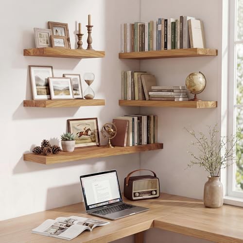 Axeman Floating Shelves for Wall, 30''W x 8'' D Rustic Solid Elm Wood Shelves for Storage, Wall Mounted Display Shelving with Invisible Heavy-Duty Metal Bracket (Natural, 2PCs) - color: Natural Elm With Flat Edge, size: 30 inches - 2P