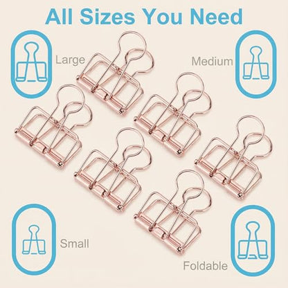 Binder Clips Rose Gold Hollow Long Tail Document Clamps, 6pcs Metal Spring Fasteners for Paper Stacks, Planner Notes, Desk Organization, Folding Handles for Easy Use - color: Rose Gold