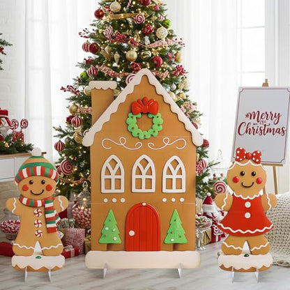 Soulchen 3 Pcs 39.4 Inch Gingerbread Backdrop Cardboard Cutout Gingerbread Man House Christmas Photo Booth Props Background Stand up Christmas Party Decorations Games for Party Supplies - style: Gingerbread Man
