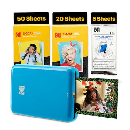 Kodak Step Instant Smartphone Photo Printer - 75 Sheets Bundle - Portable Mini Color Wireless Mobile Printer - Zink 2x3” Sticky-Back Photos - Bluetooth Compatible with Smart Devices - Fun App -Blue - color: Blue, style: Printer + 75 Sheets