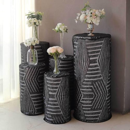 Efavormart Set of 5 Black Sequin Mesh Cylinder Display Box Stand Covers with Geometric Pattern Embroidery, Sparkly Sheer Tulle Pedestal Pillar Prop Covers - color: Black, size: Cylinder sequin geometric cover