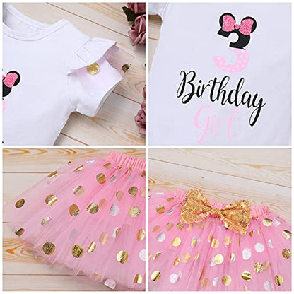 IBTOM CASTLE Cake Smash Half 1st 2nd 3rd Birthday Girl Princess Polka Dots Ruffle Skirt Set ONE Party Costume Headband - color: Pink-3rd, size: 3T
