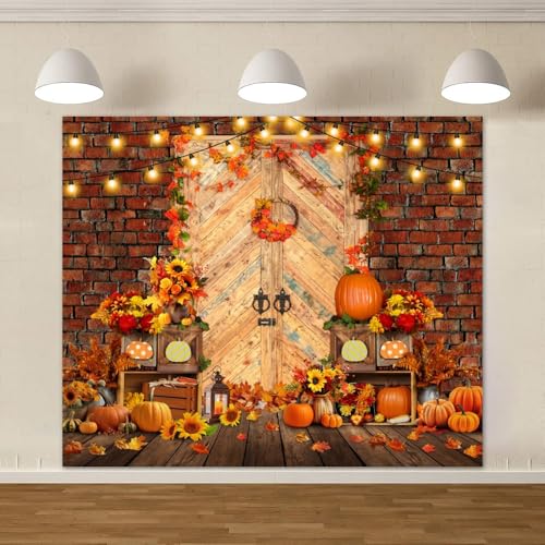 Fall Photo Backdrop Rustic Wooden Door Brick Wall Maple Leaves Autumn Photograph Backdrops Baby Birthday Party Thanksgiving Decorations Photo Studio Props 7 * 5ft - color: Yellow, size: 7x5ft