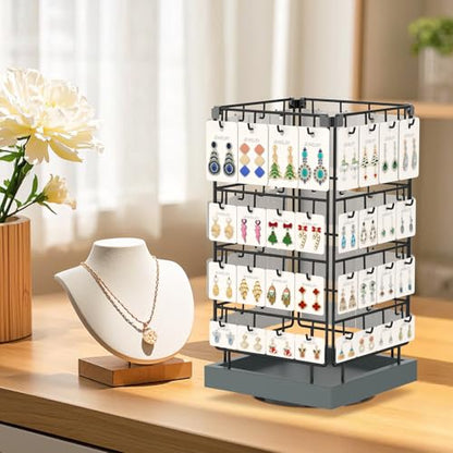 EsLuker.ly Rotating Earring Display Holder Stand for Vendors Events Selling, Large Capacity 64 Hooks Jewelry Rack with Wooden Base for Earring Card Sales, Enhances Retail Visibility(Dark Grey) - color: Dark Grey+Black