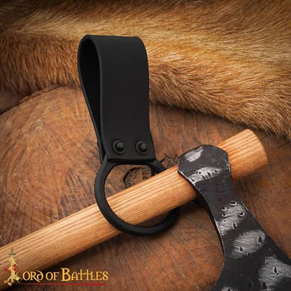 Lord of Battles Medieval Genuine Leather Axe Frog | Axe Holster with Belt Loop | Waist Holder for Axes, Tools - color: Black