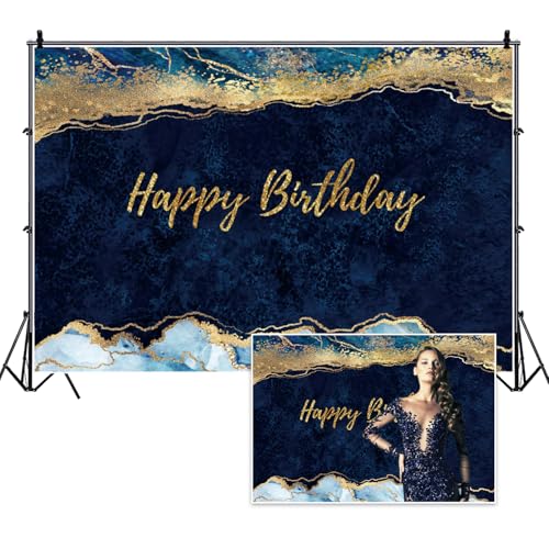 15x8ft Blue Marble Backdrop for Birthday Party Glittering Gold Fluid Happy Birthday Navy Blue Modern Photoshoot Background for Celebration Newborn Bbay Shower Kid Adult Portrait Photo Prop - size: 15x8ft-polyester