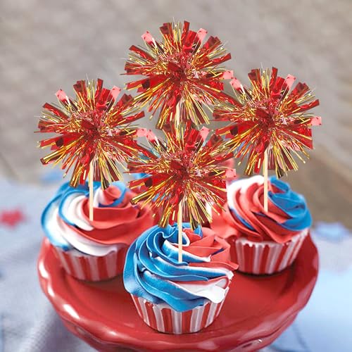 30 PCS Foil Firework Cupcake Toppers Sparkle Tinsel Cupcake Picks Happy Birthday Cake Decorations Drink Stirrers Cocktail Food Fruit Toothpicks for Baby Shower Graduation Party Supplies Red Gold - color: Red+gold