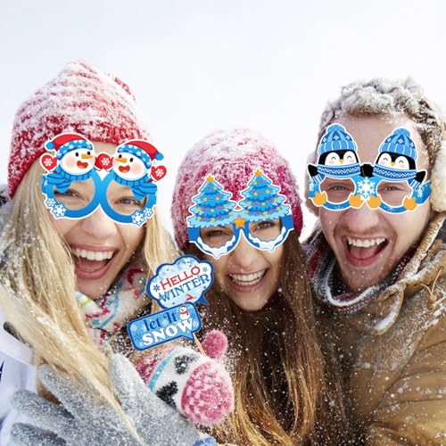 Qpout 38 Pcs Winter Photo Booth Props Kit with Glasses, Winter Wonderland Christmas Decorations, Snowman Snowflake Party Supplies, Holiday Photo Accessories