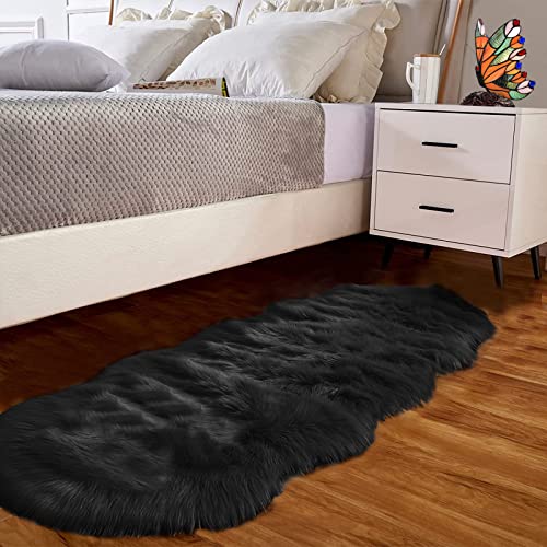 Goolela Black Fluffy Runner Rug 2x6 for Bedroom Faux Sheepksin Fur Fuzzy Furry Bedside Rug Shaggy Plush Soft Sheepskin - color: Black, size: 2' x 6' (Sheepskin)