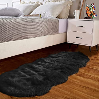 Goolela Black Fluffy Runner Rug 2x6 for Bedroom Faux Sheepksin Fur Fuzzy Furry Bedside Rug Shaggy Plush Soft Sheepskin - color: Black, size: 2' x 6' (Sheepskin)