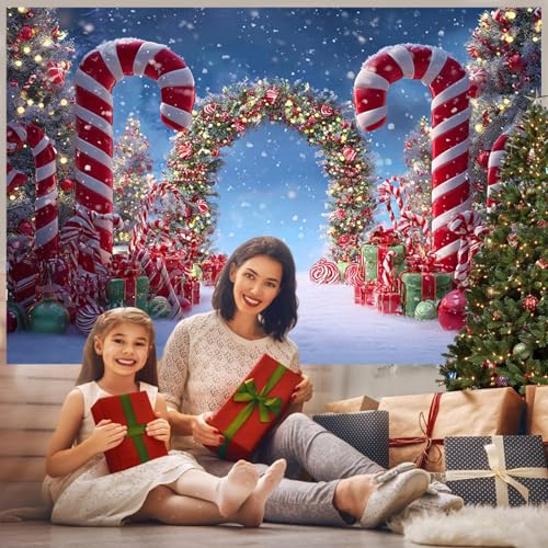 Mocsicka Christmas Candy Cane Photography Backdrop Winter Candyland Christmas Eve Party Decorations Background Christmas Tree Garland Photo Prop Supplies (10x8ft) - size: 10x8ft