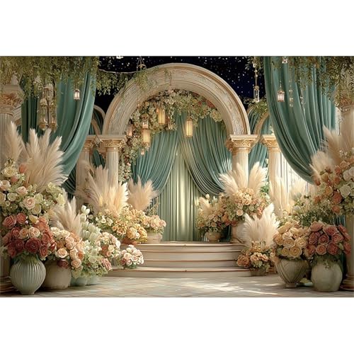 Flower Wedding Backdrop 5x3ft Dreamy Fantasy Arch Door Roman Column Background Bride to Be Bridal Shower Decorations Anniversary Ceremony Backdrops for Photography Banner Photo Booth - color: green-3, size: 5x3ft